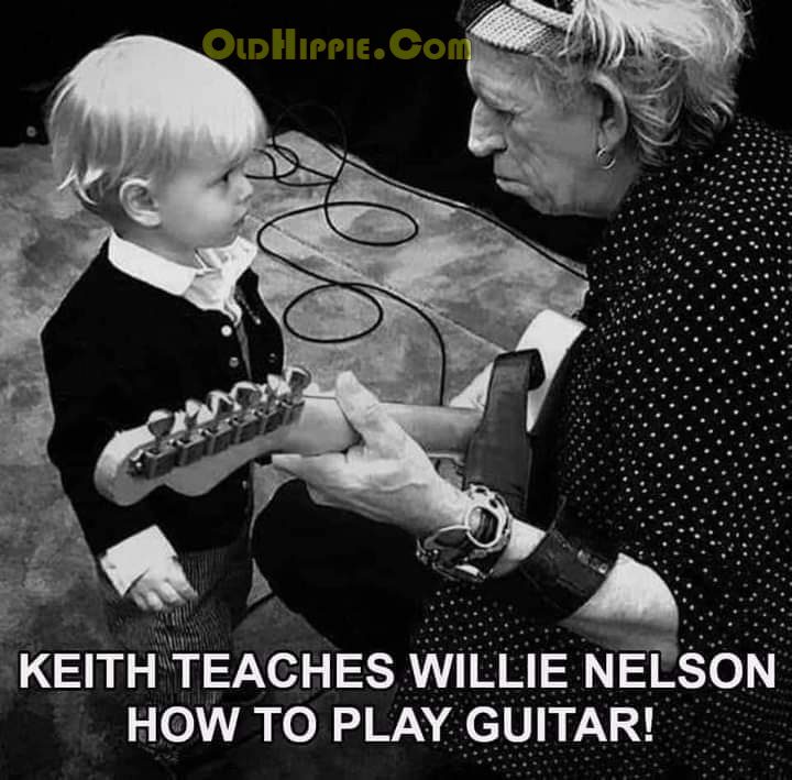 Photo of Keith Richards Teaching Willie Nelson to Play Guitar